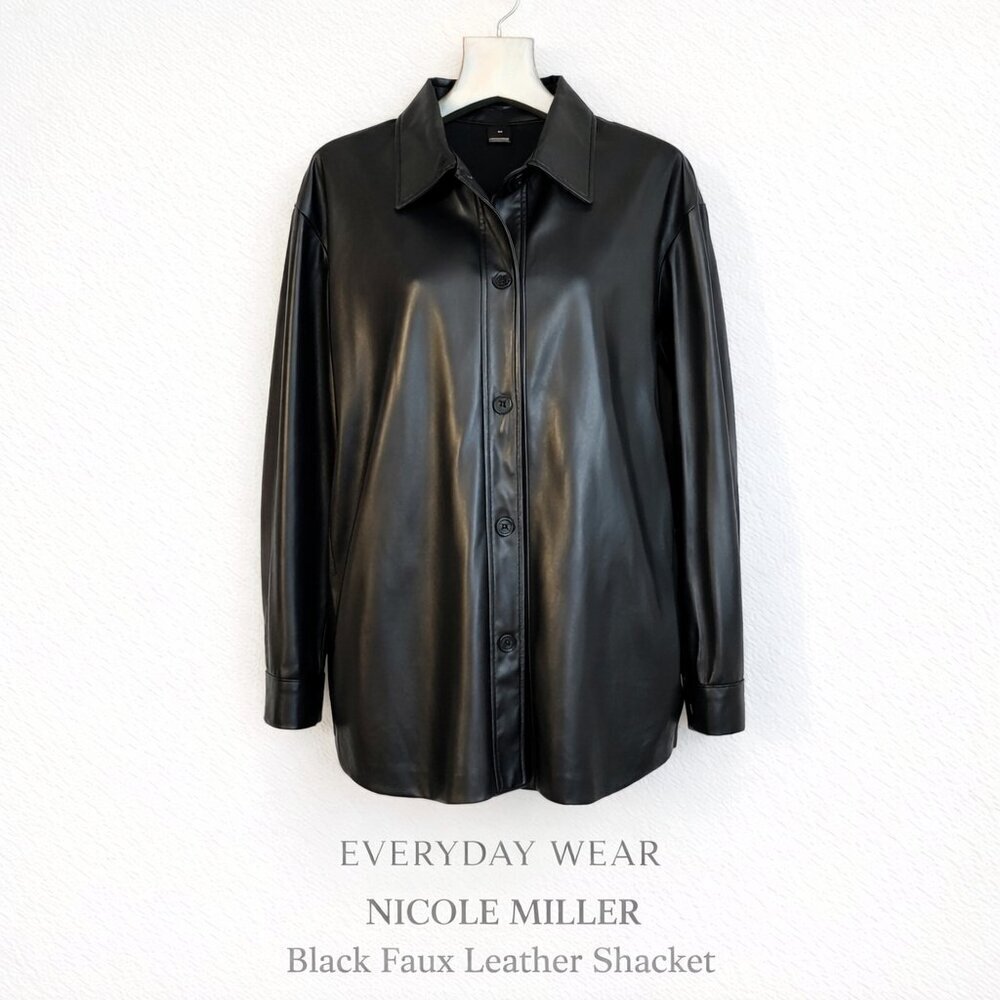 Nicole Miller Black Faux Leather Shacket Shirt Jacket Oversized M